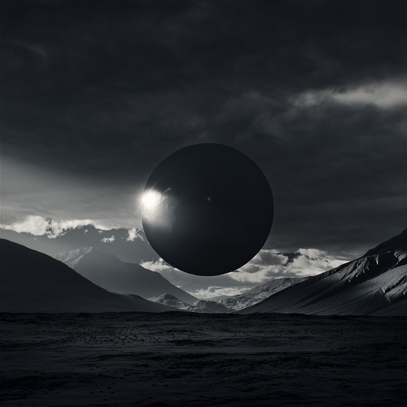 fields sphere Space  star black mountain eclipse clouds stones dream Black&white