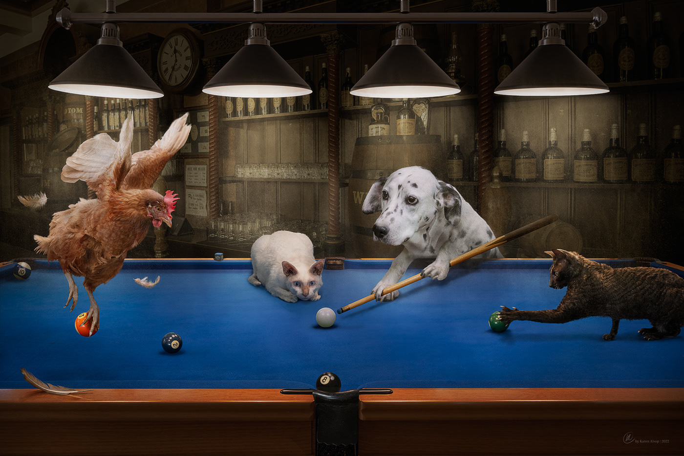 animals Anthropomorphic billiards Cat chicken dalmatian dog pets Pool