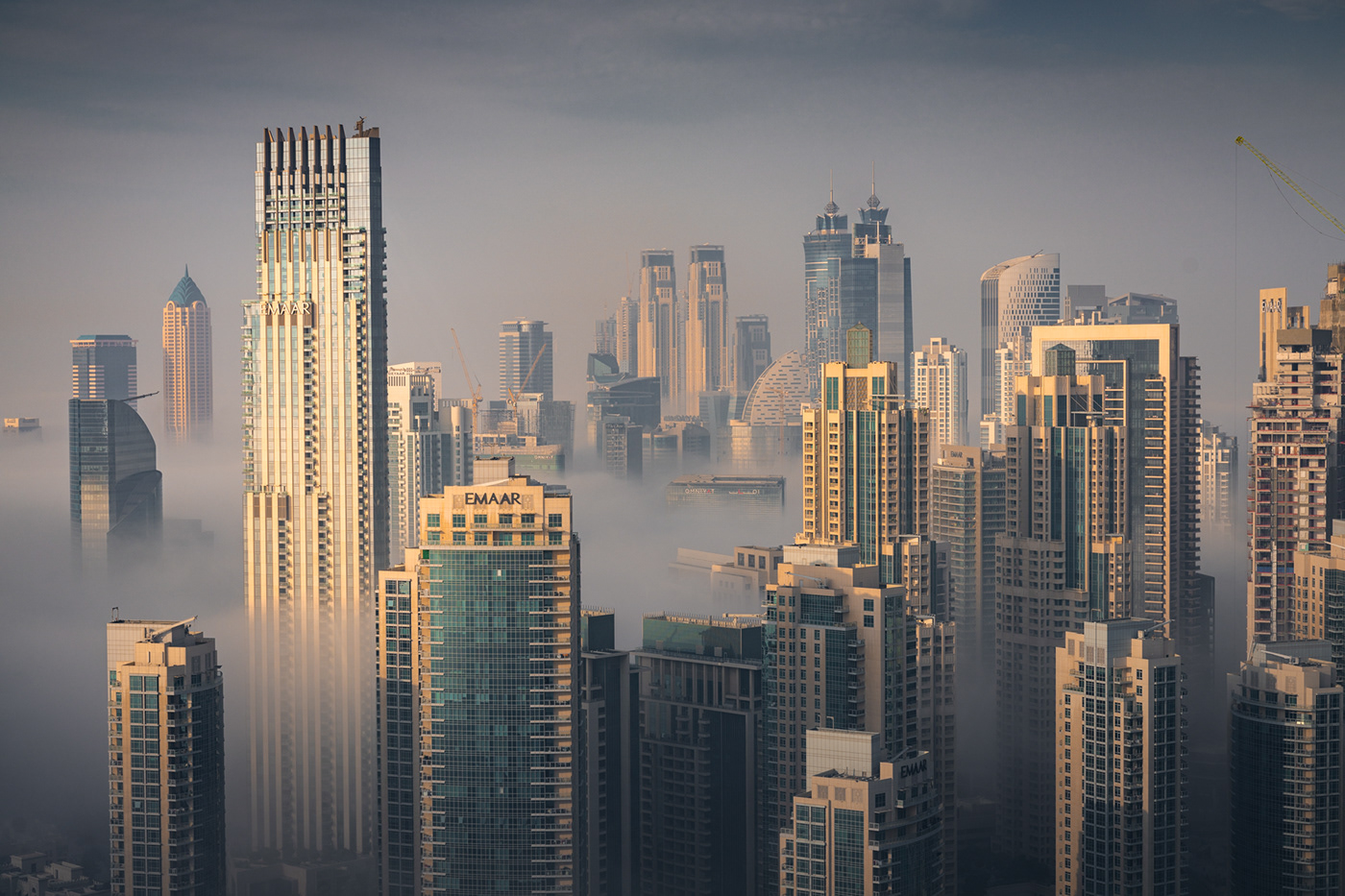 city clouds dubai futuristic mist sci-fi skyline skyscrapers