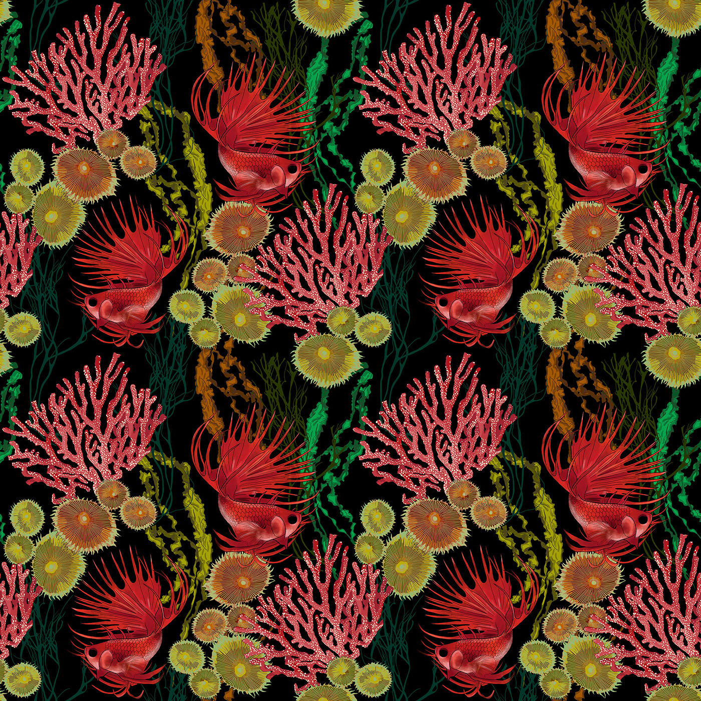 seamless pattern design underwater paradise fish seaweed corals digital illustration