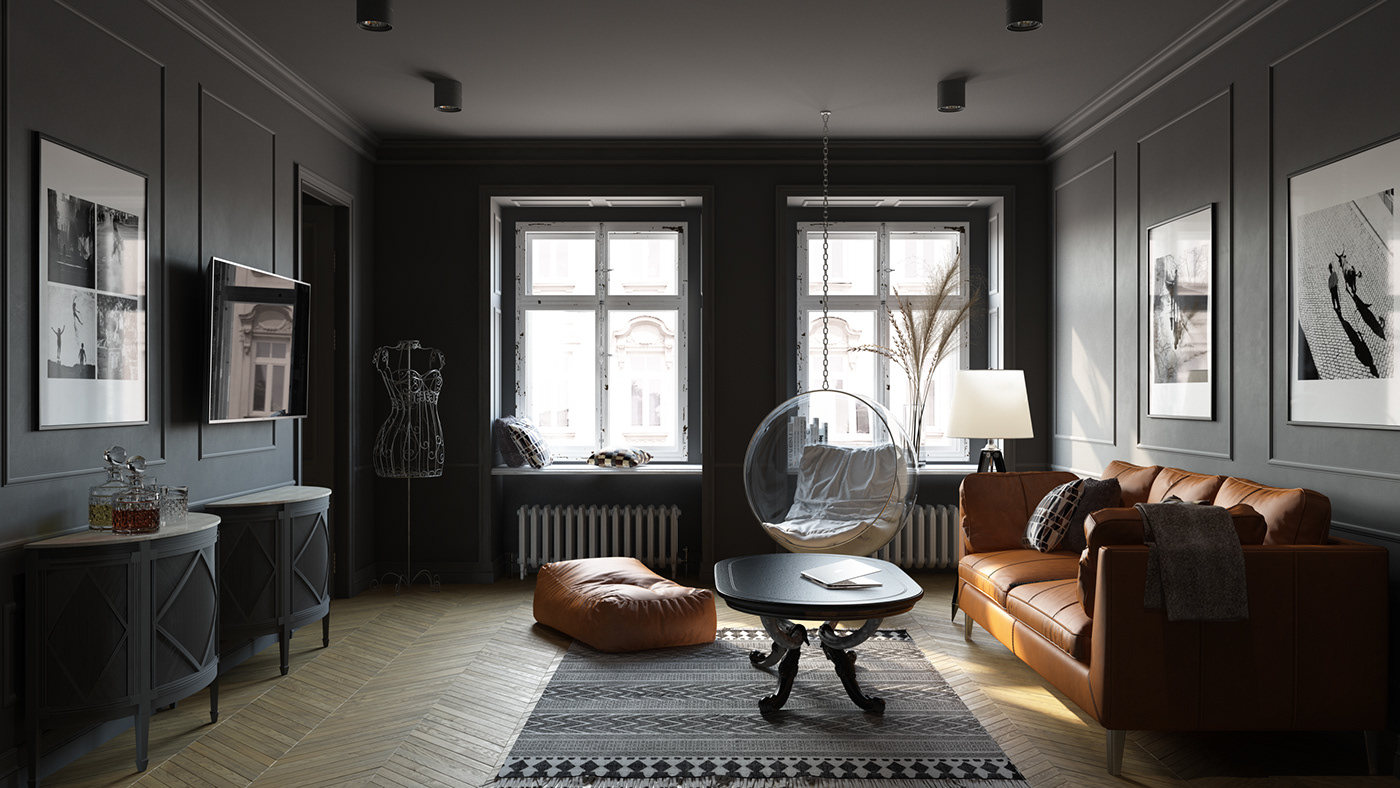 3d render interior design  Dark interior 3dsmax vray 3D Visualization living room bedroom architecture