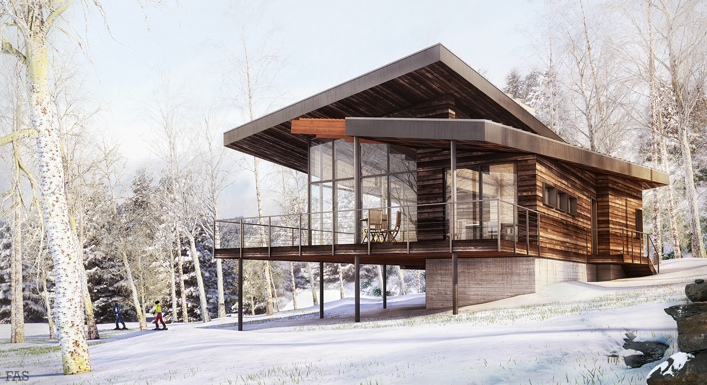 cabin winter forest modern contemporary