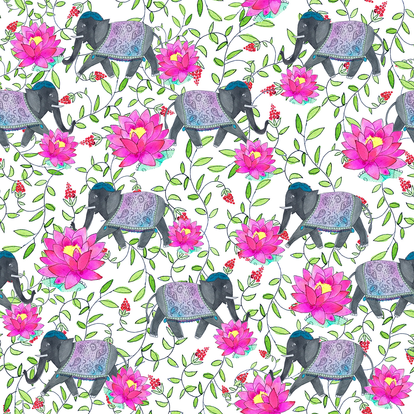 elephant Indian Design animal pattern pattern ILLUSTRATION  Lotus Print lotus design elephant pattern Floral design textile print