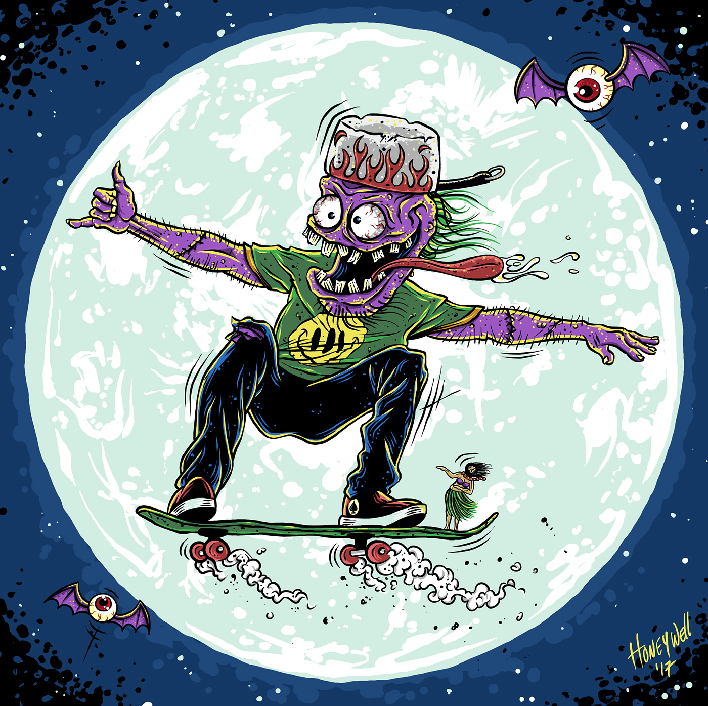monsters kustom kulture Halloween skateboard teeth chris honeywell sketch zombie rock n roll skate