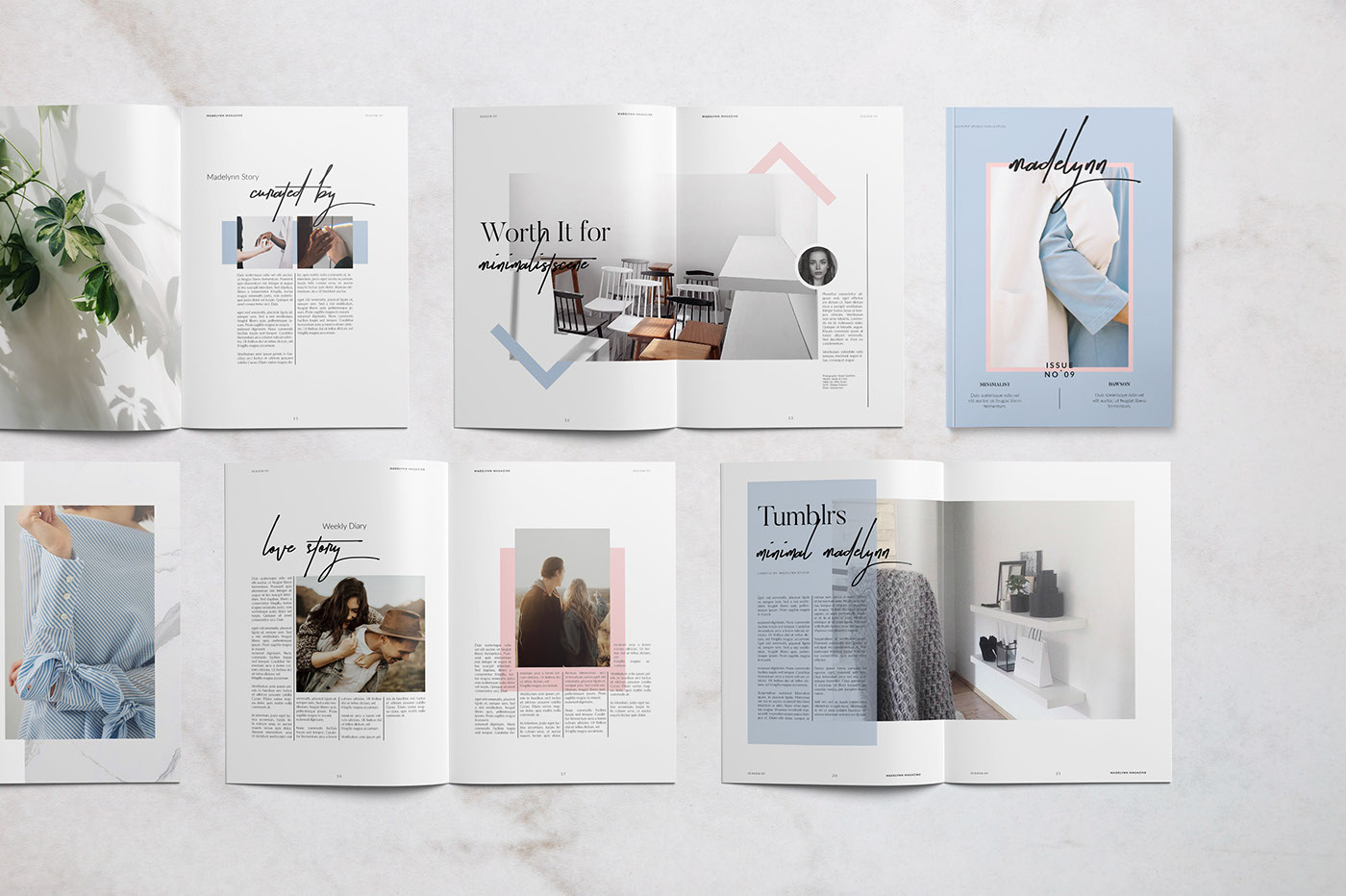 Adobe Portfolio magazine template editorial InDesign minimal journal portfolio feminime design Layout