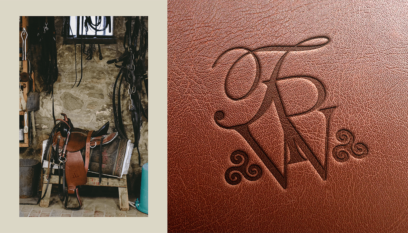 Collage with a picture of a shed with a leather saddle and a picture of the monogram logo detail