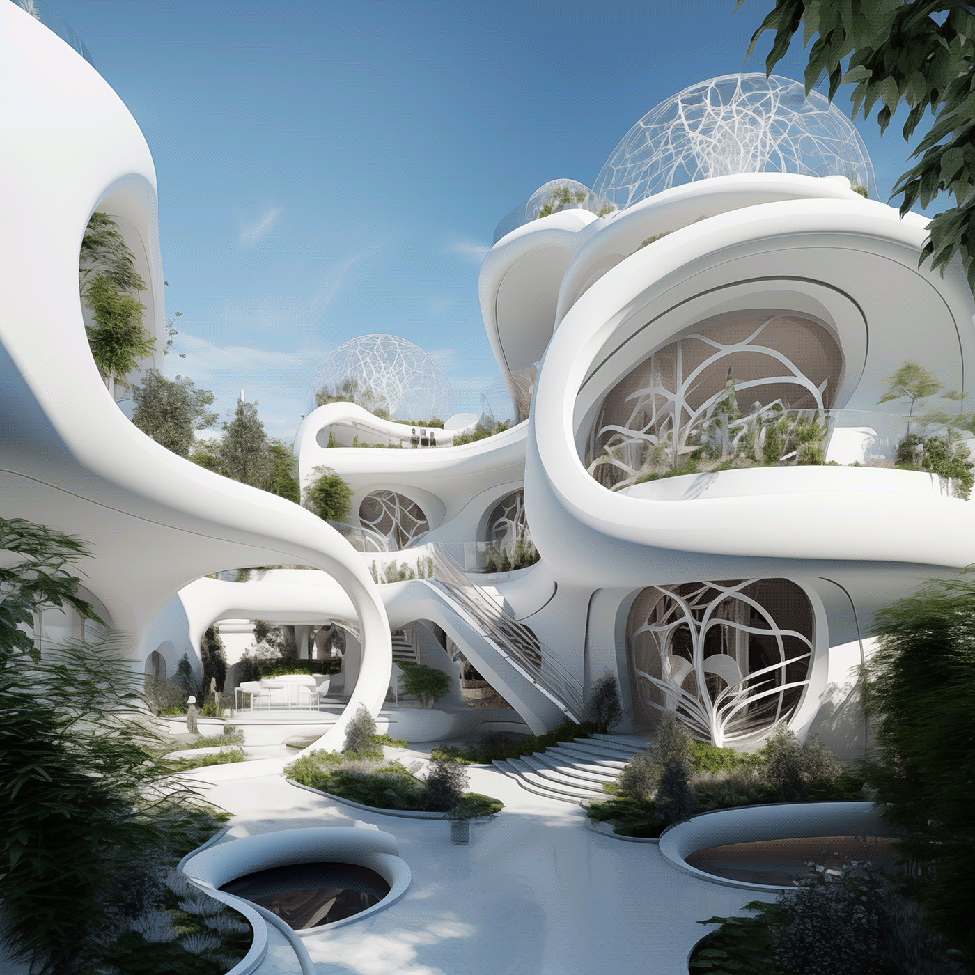 futuristic White parametric house trees curves Dark White light beige neo-plasticist spirals
