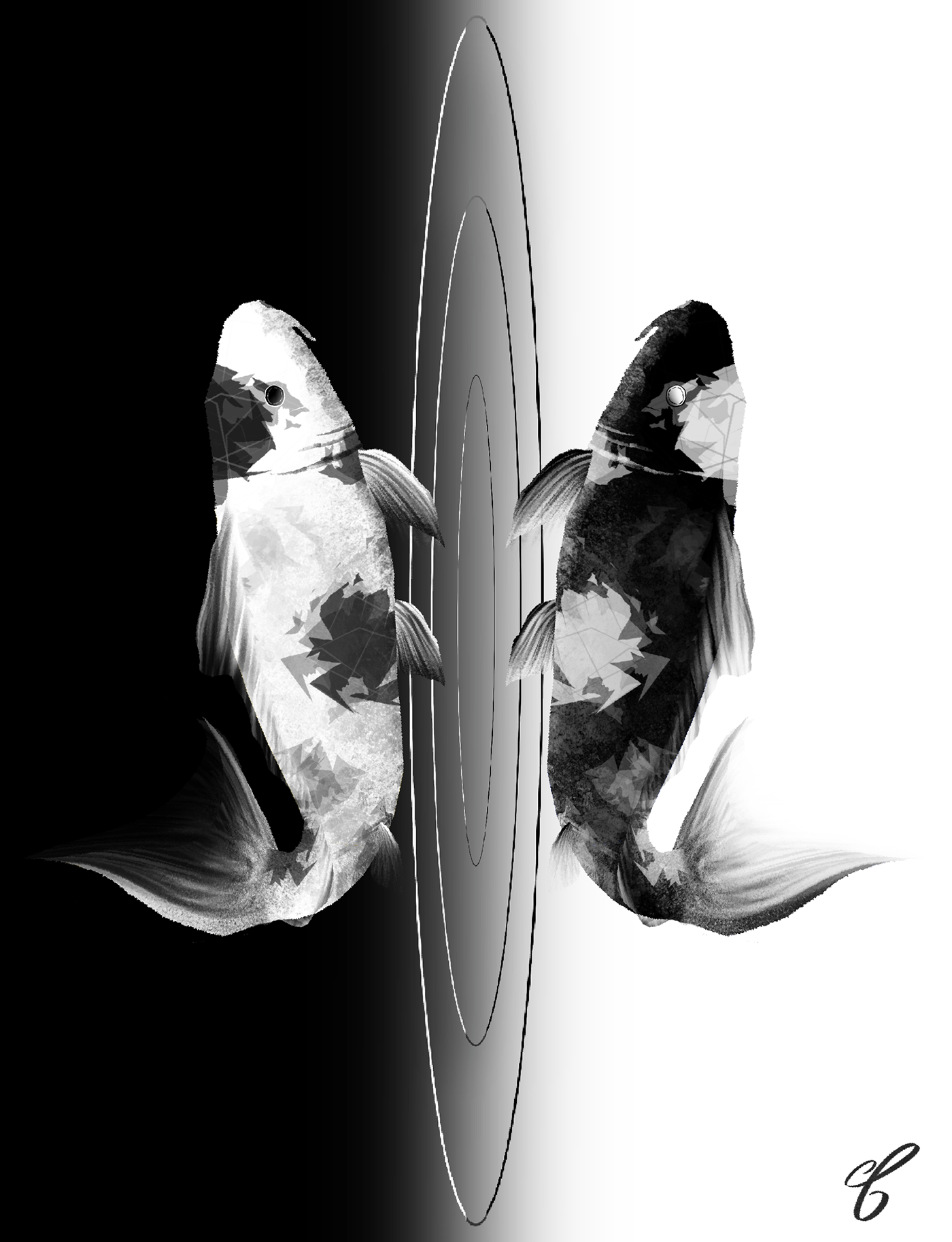 art black and white Digital Art  fish ILLUSTRATION  monochrome psychedelic
