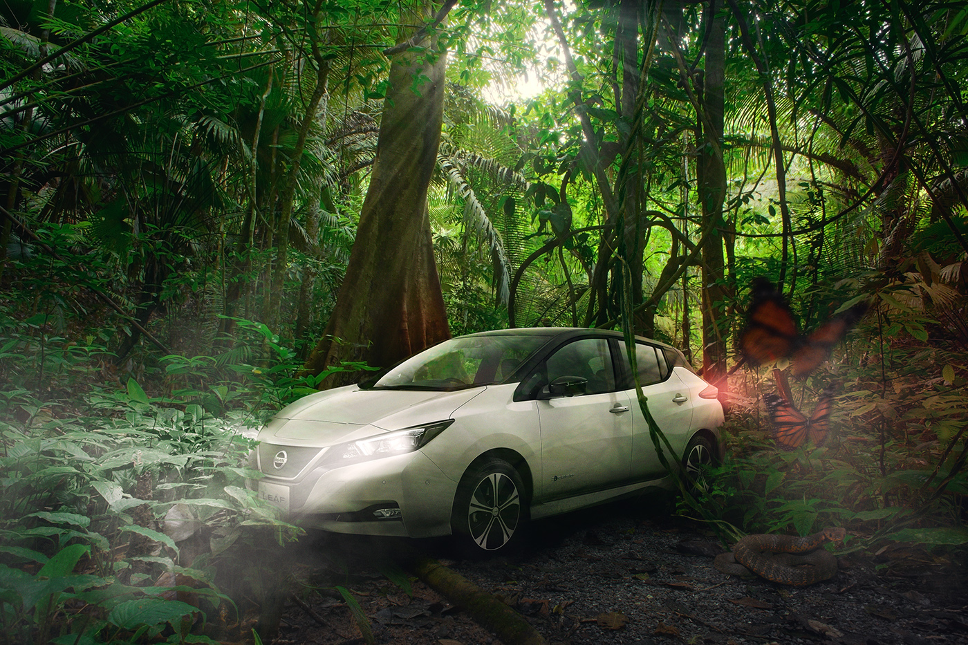 art direction  jungle car Nissan photoshop adobe CGI green eco Advertising 