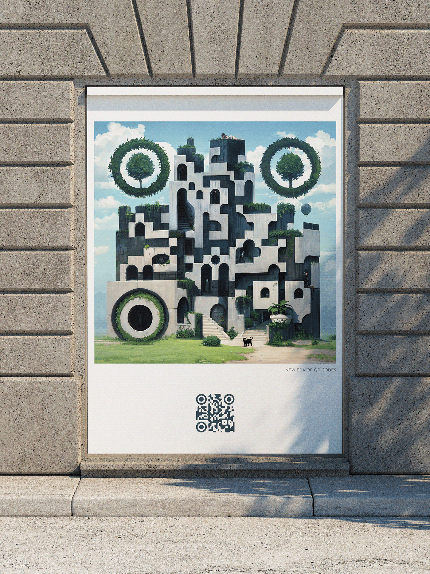 Promo poster on a building wall featuring an image of a futuristic structure which is actual QR code