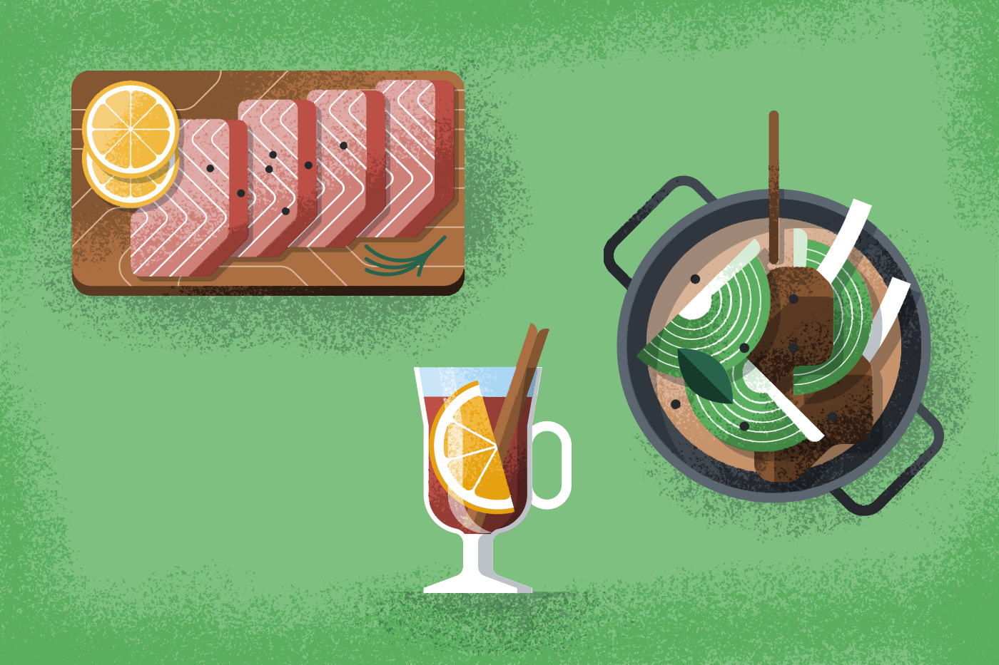 Illustrated icons of Fårikål, salmon plate and glogg by Adrian Bauer