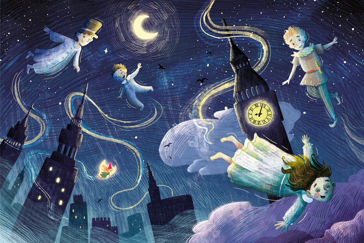 Illustration inspired by a J.M. Barrie's book "Peter Pan". Picture illustrates a "Flight" chapter.