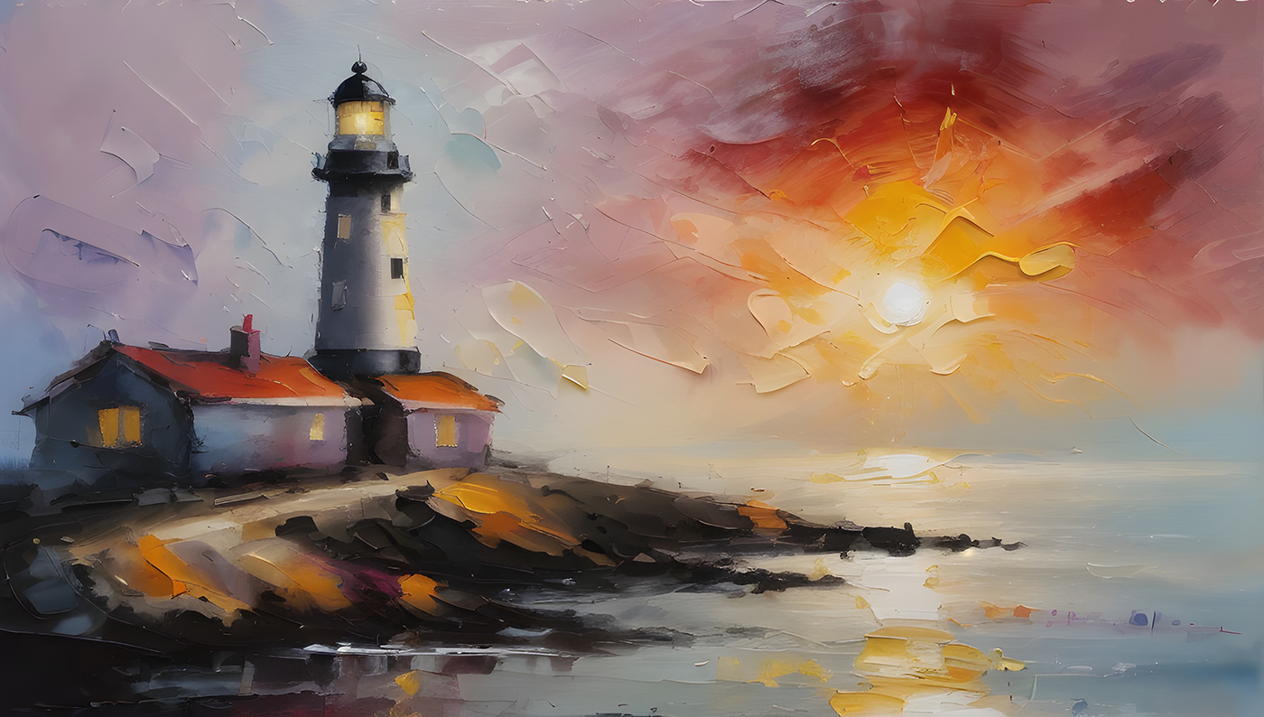 Marine theme sailboat lighthouse digital painting sea wall art stable diffusion artwork concept art large stroke