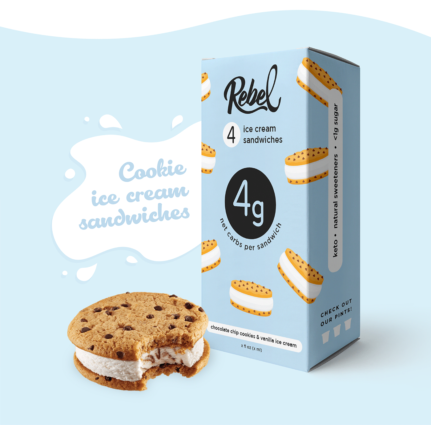bottle box cookies food label healthy ice cream keto milk package design  Vector Illustration