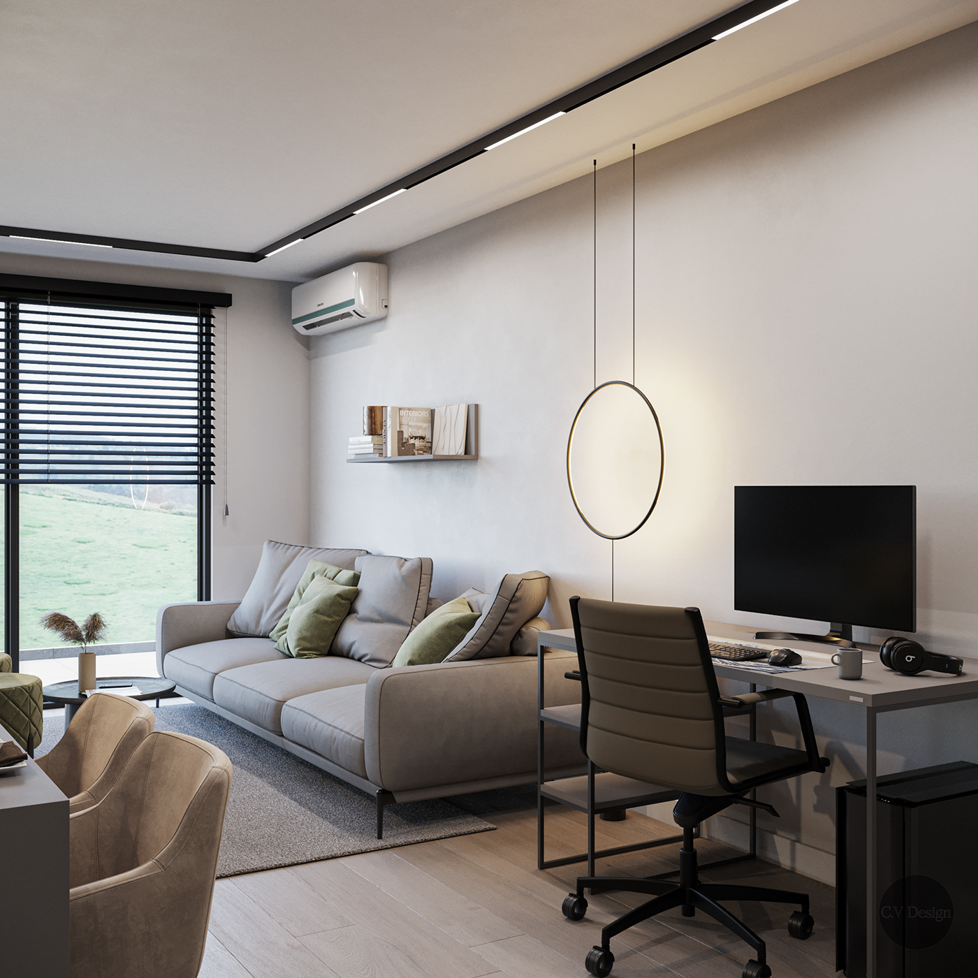Interior apartment modern green grey Open Space small apartment cluj-napoca lighting