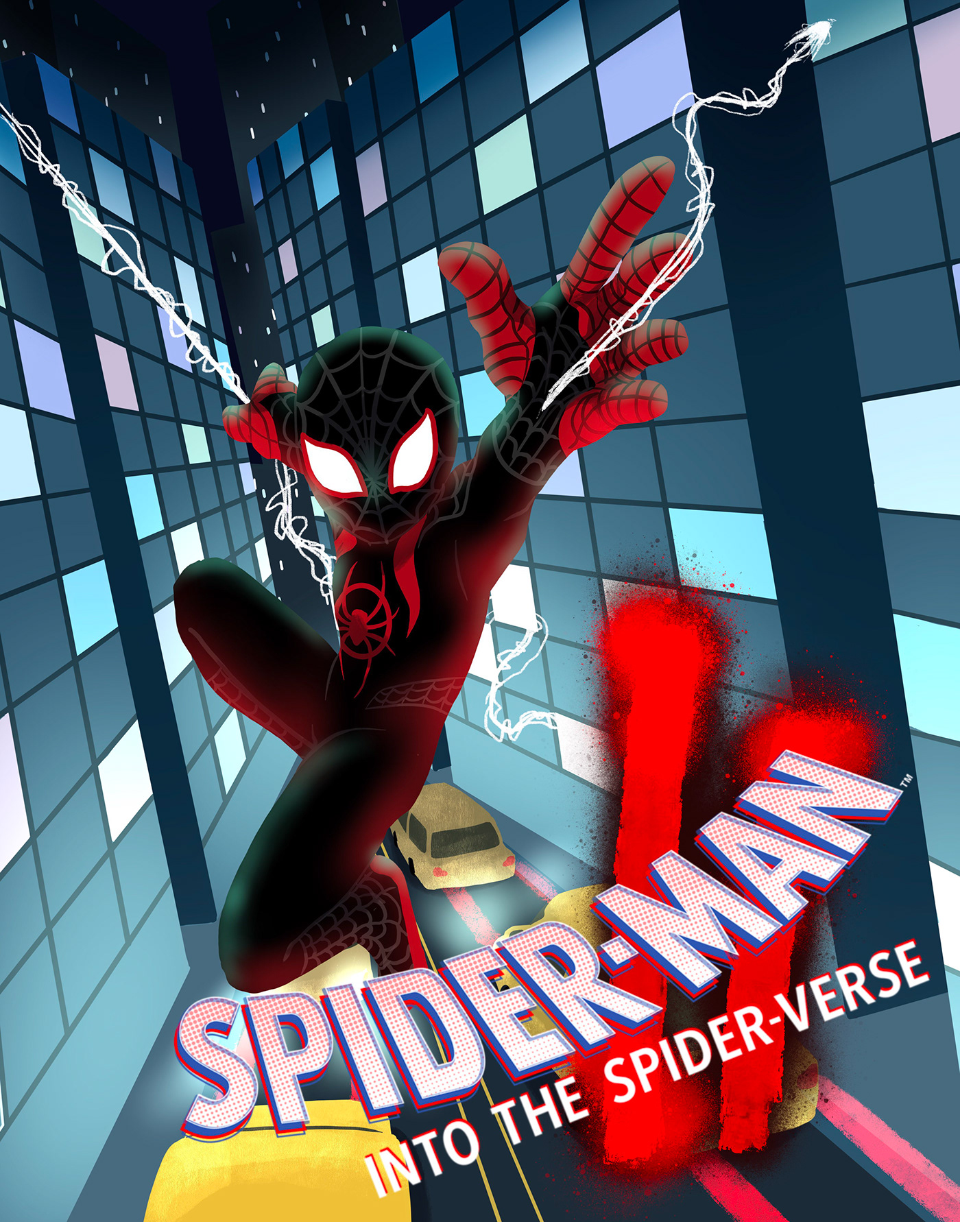 black blue city marvel miles miles morales  poster red spider spiderman