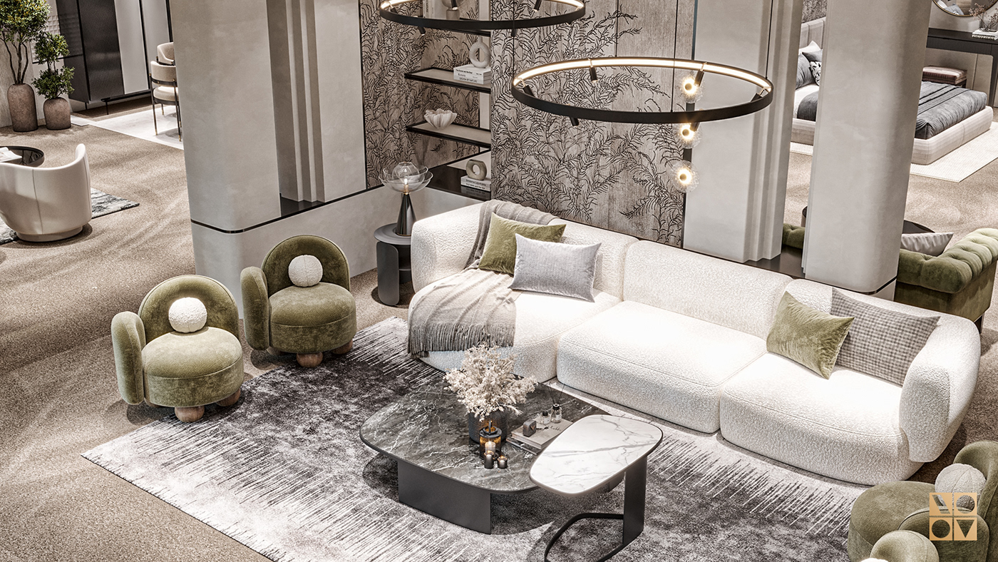 luxury modern furniture showroom Interior visualization 3D glass metal pattern