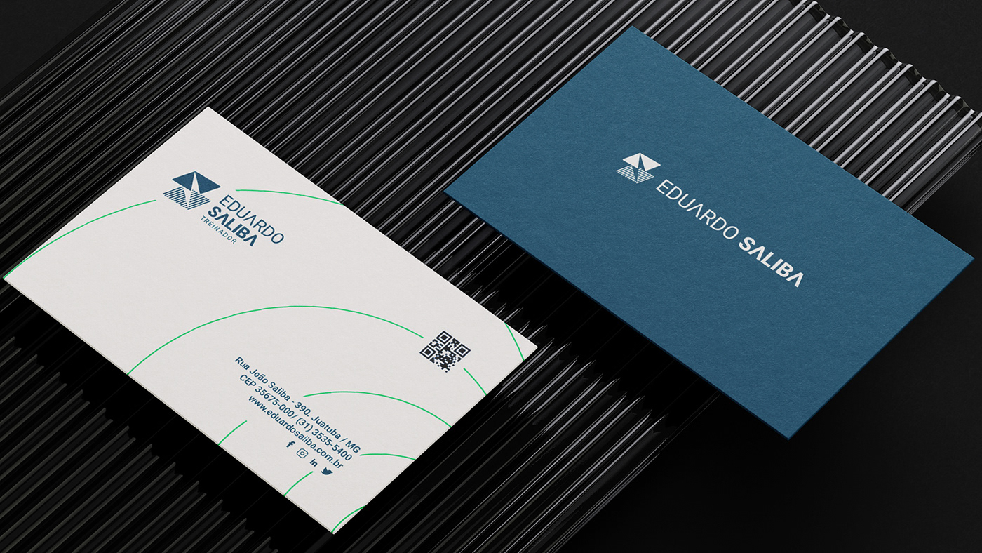 front and back of a business card mockup with applied visual identity.