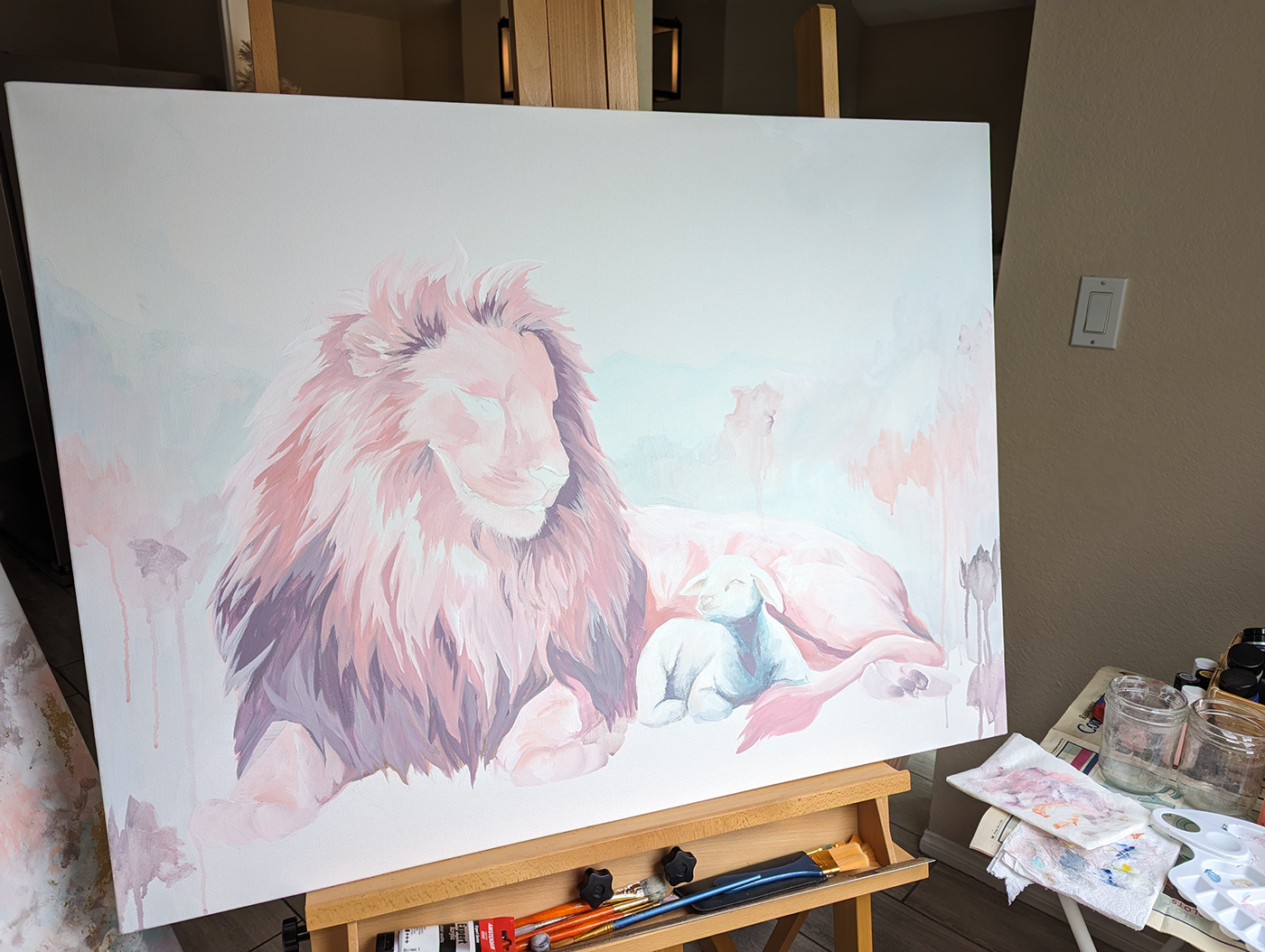 painting   ILLUSTRATION  canvas painting acrylic lamb lion Flowers pink nursery gold leaf