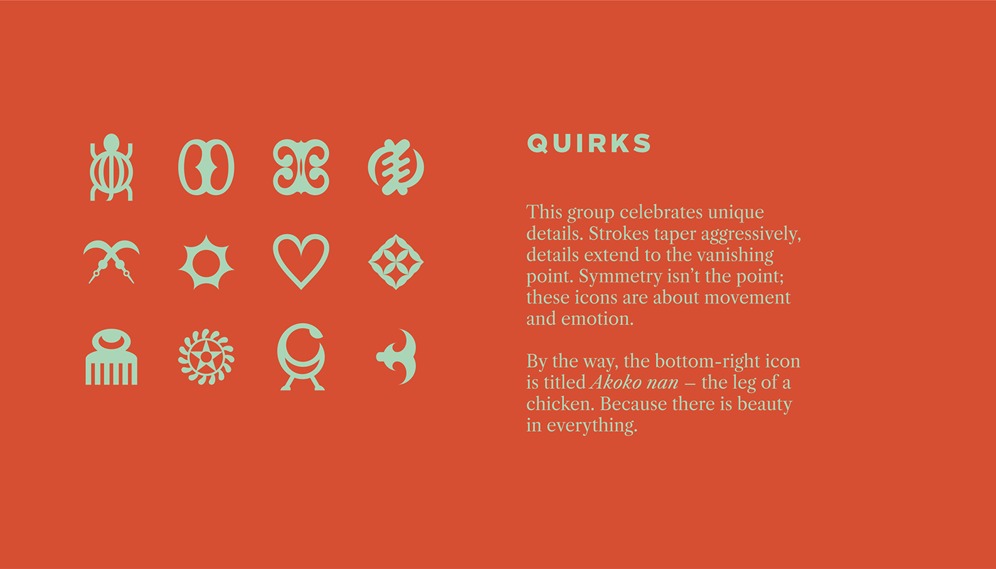 Grid of complex Akan adinkra symbols from Ghana, with caption titled 'Quirks'