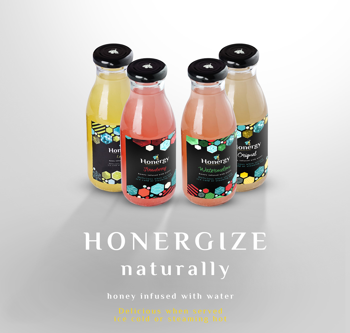 honergy energy drink bootle glass yellow strawberry lemon honey water