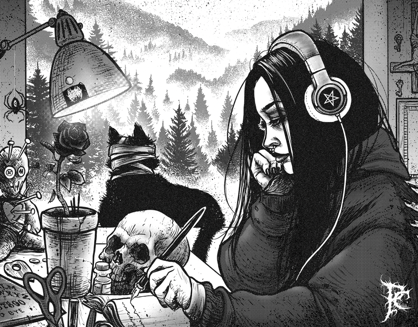 anime black and white Drawing  goth gothic ILLUSTRATION  lofi lofigirl manga skull