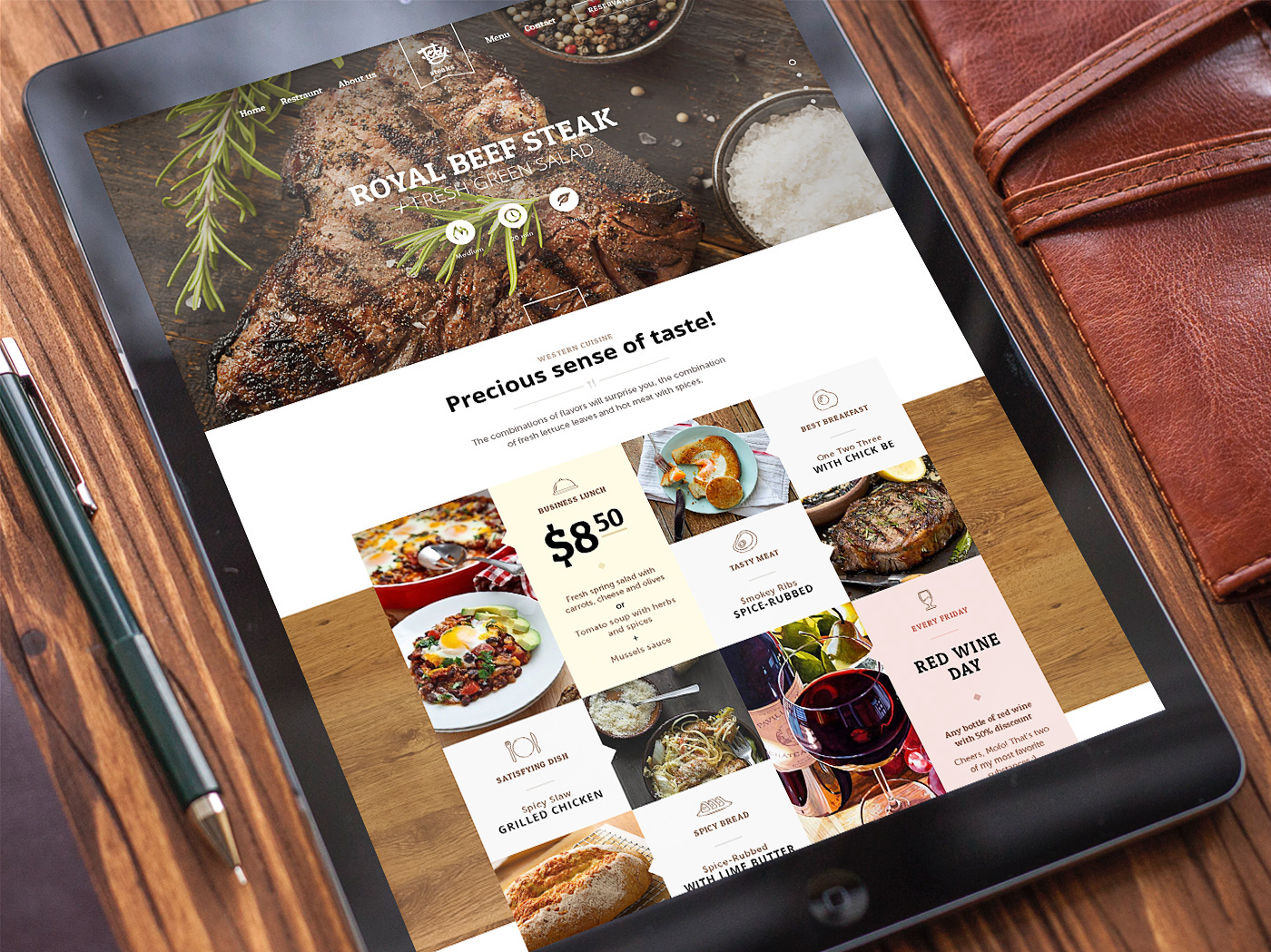 restaurant steak menu Adaptive meat cousine meal drink Web Website mobile Booking grill