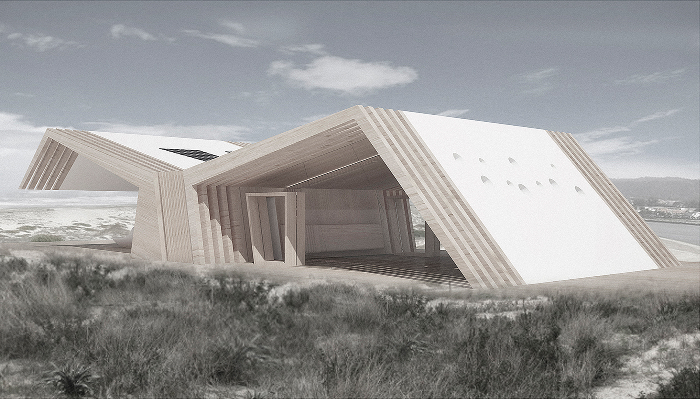 sea shelter beach wood exposition exterior design Public Shelter Information help Sandbank Ofir esposende