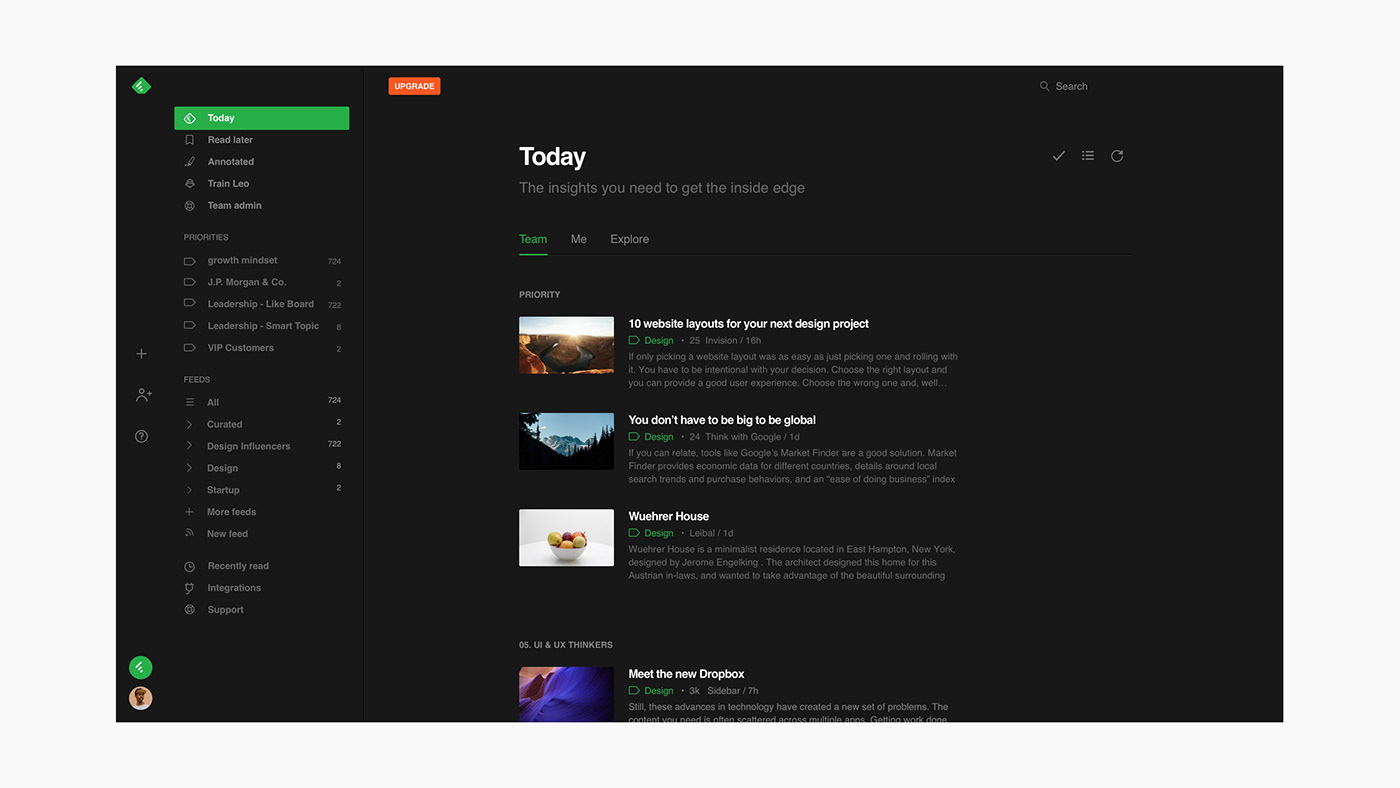 desktop feedly news RSS redesign black theme dark theme navigation application SAAS