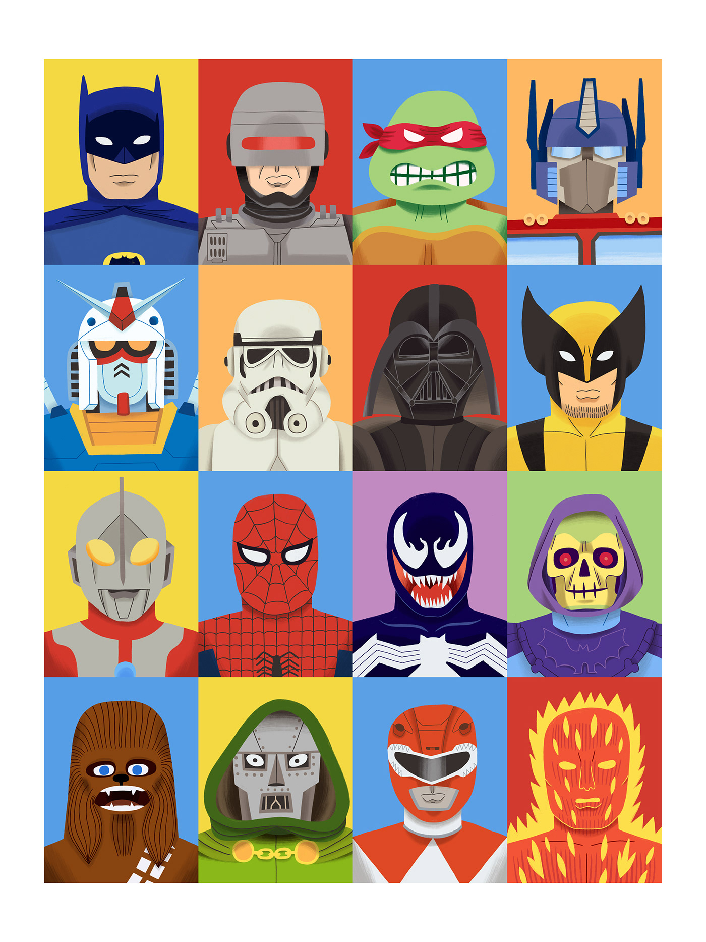 portraits pop culture Action Figure bright Digital Art  kitsch bold Colourful  heroes villains