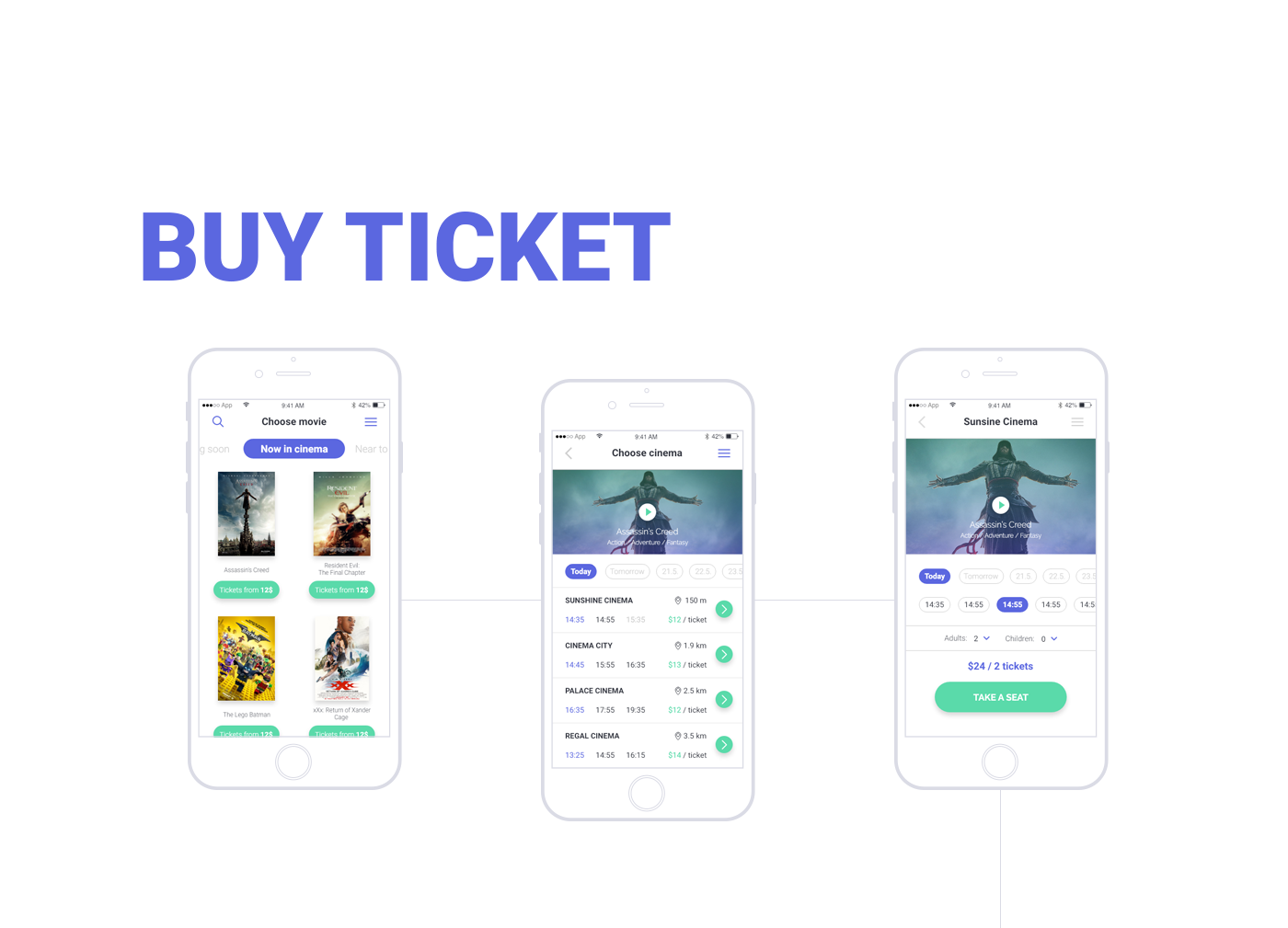 Cinema app UI ux wireframe ticket Booking Onboarding buy Ecommerce