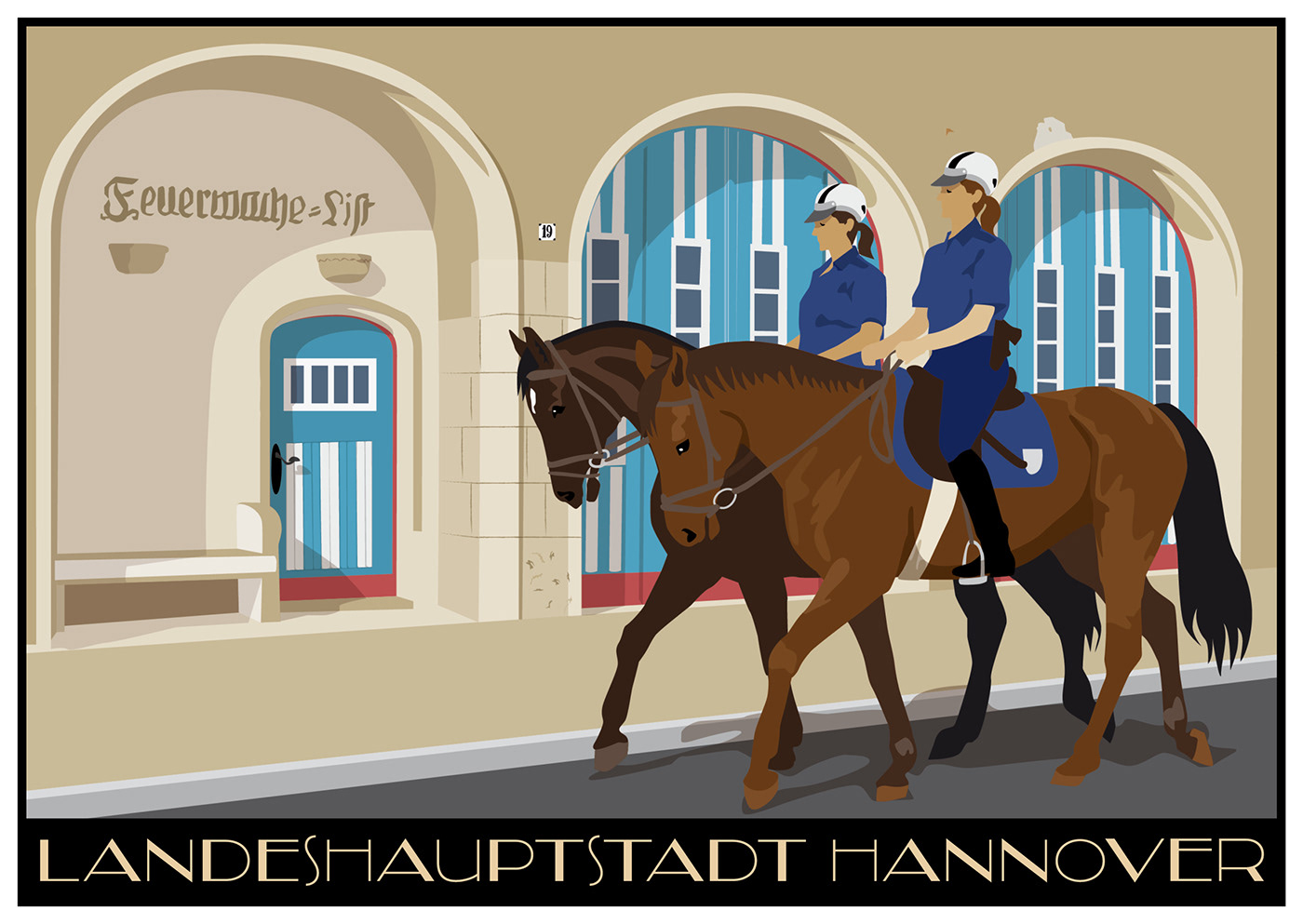 Berittene Polizei in Hannover-List, Illustration, Poster, Kunstdruck