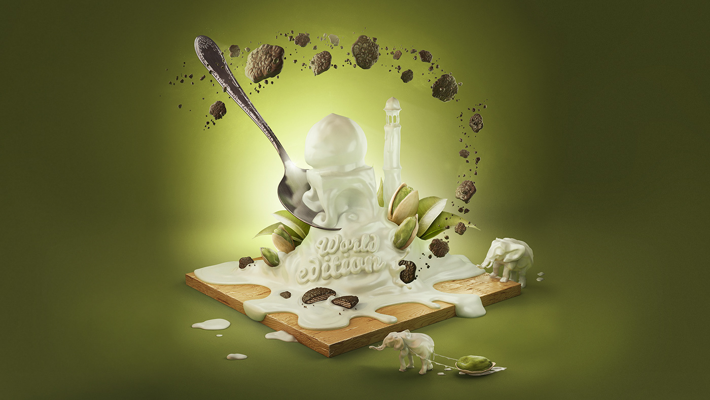 yoghurt pistachio chocolate elephant biscuit Taj Mahal 3D CGI stylized muller
