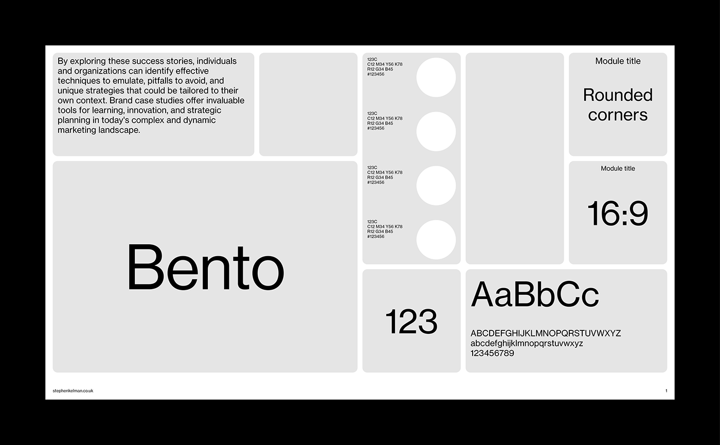 Bento Style Presentation Grid System for Adobe InDesign | Sample Layout
