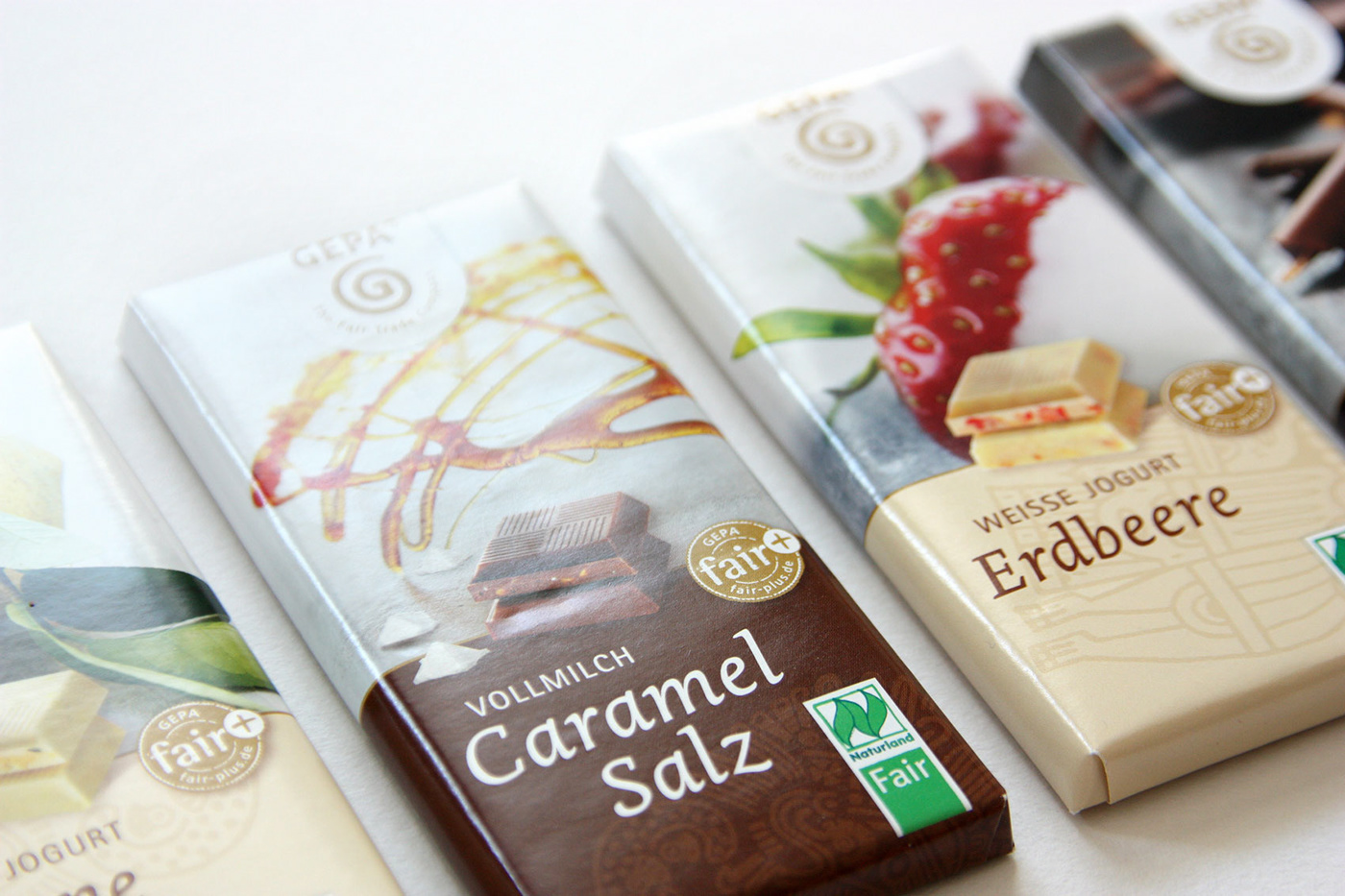 chocolate fair trade packaging design GEPA german photographic Mango strawberry lemon caramel-salt