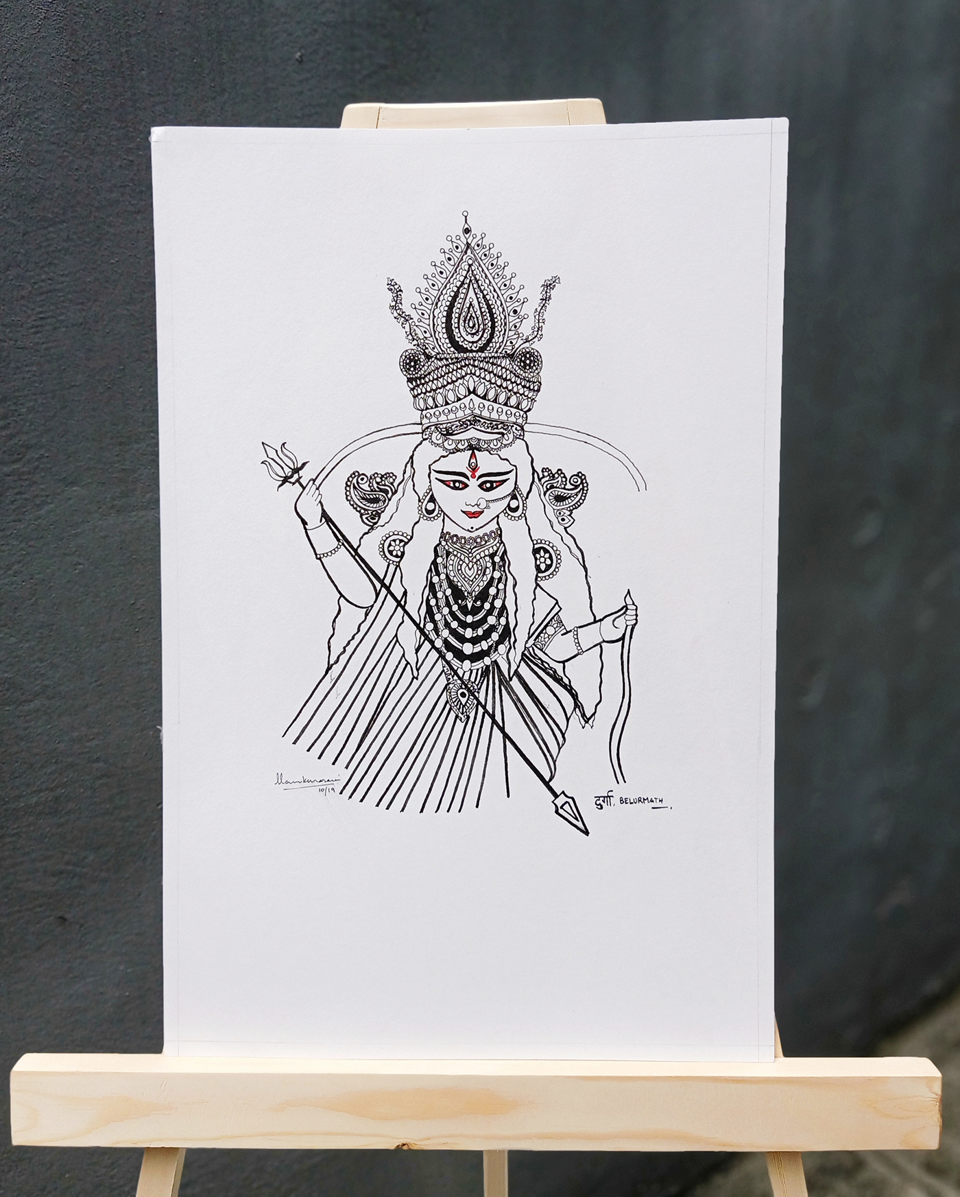 Drawing  sketch Devi Durga India festive black and white 9 days