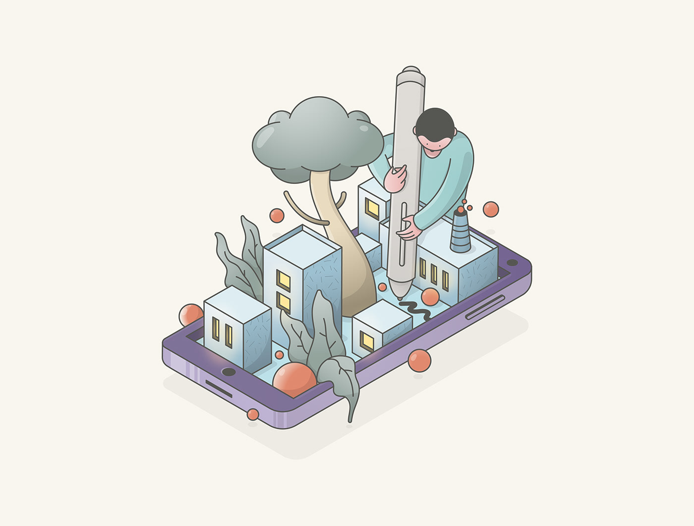 logo ILLUSTRATION  Isometric doodle Character phone city mobile 3D Space 