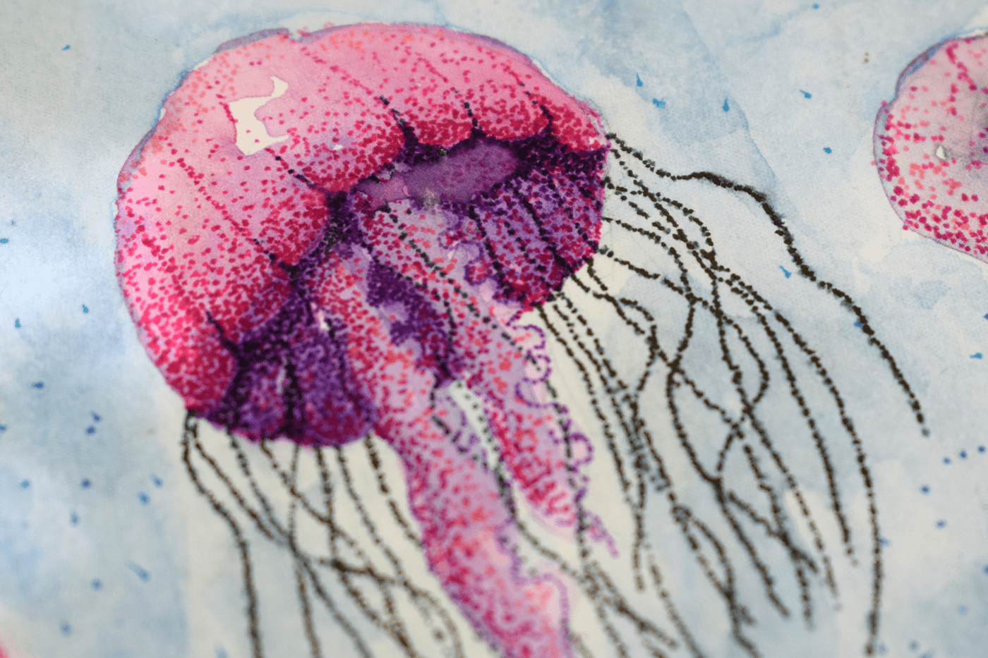 conservation endangered jellyfish Ocean plastic plastic pollution Pointillism stippling Turtle watercolour