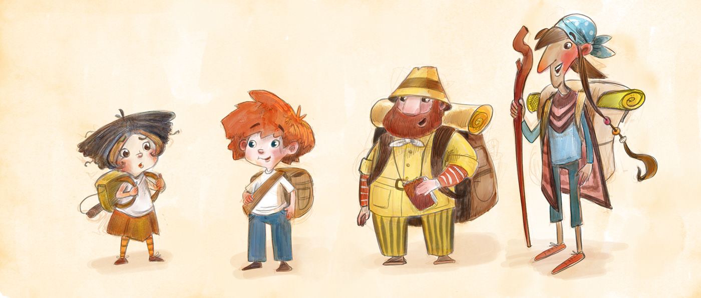 Cartoon styled and sketch watercolour drawing characters for adventure story.
