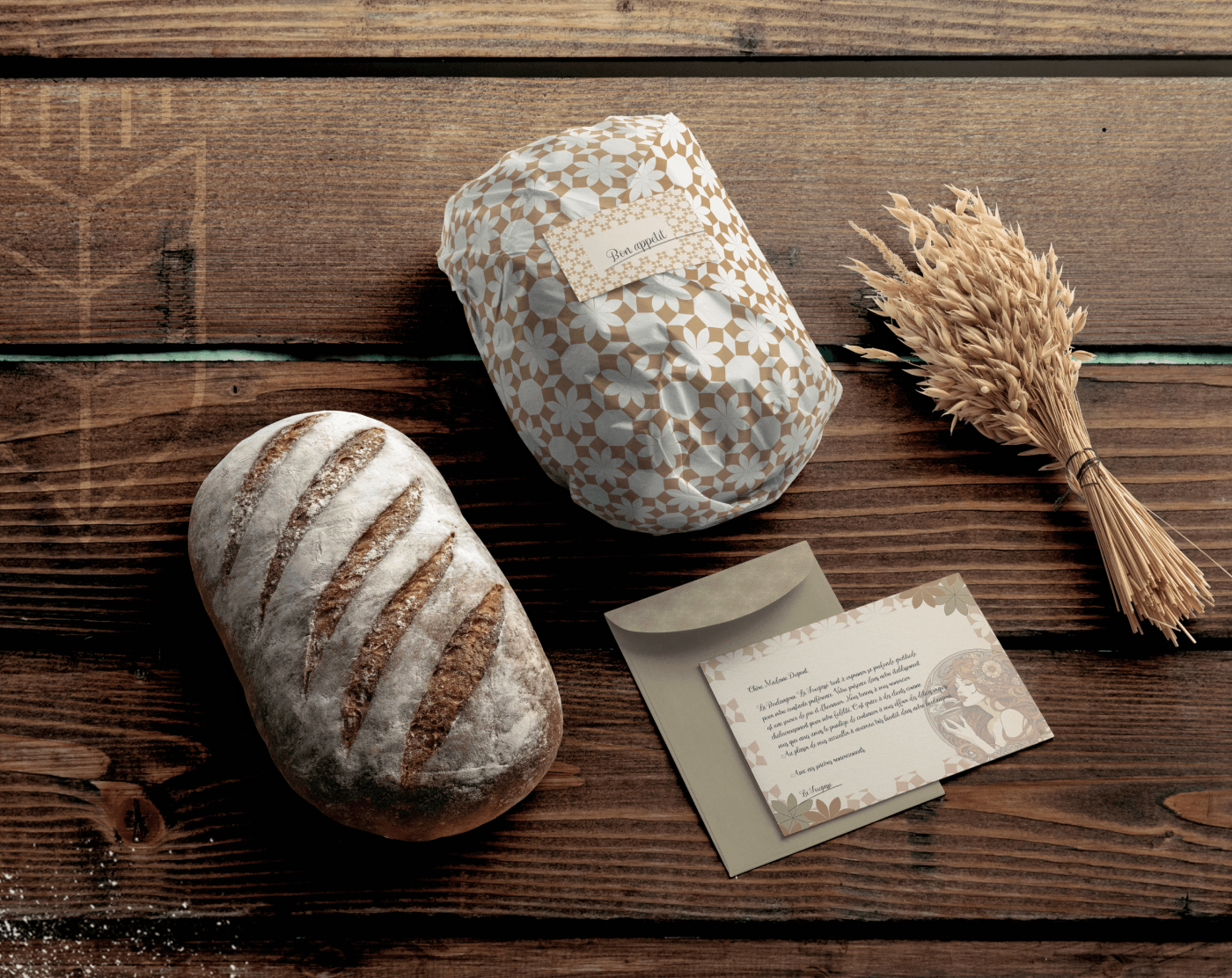 bread on table with a bakery;s card