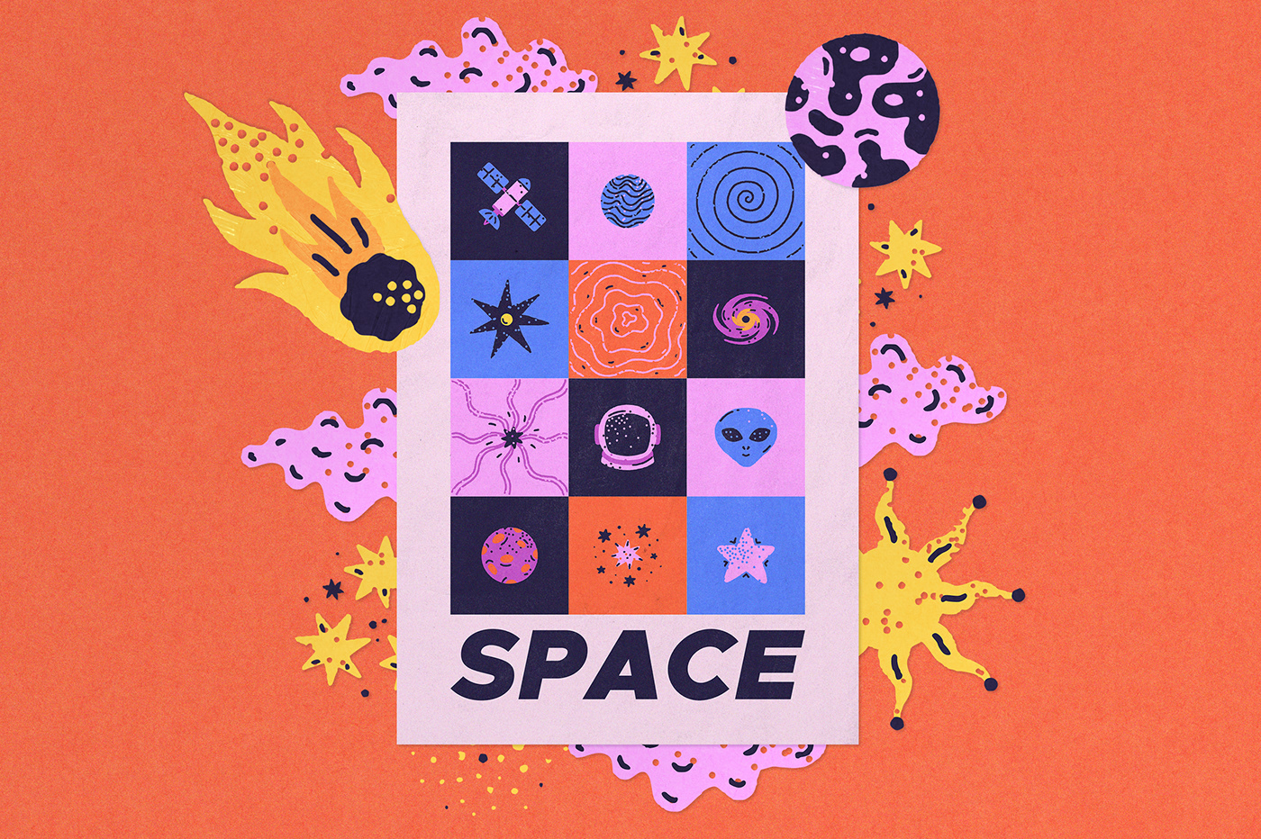 Space  colorful vector clipart Collection Planets cosmos grunge ILLUSTRATION  bold