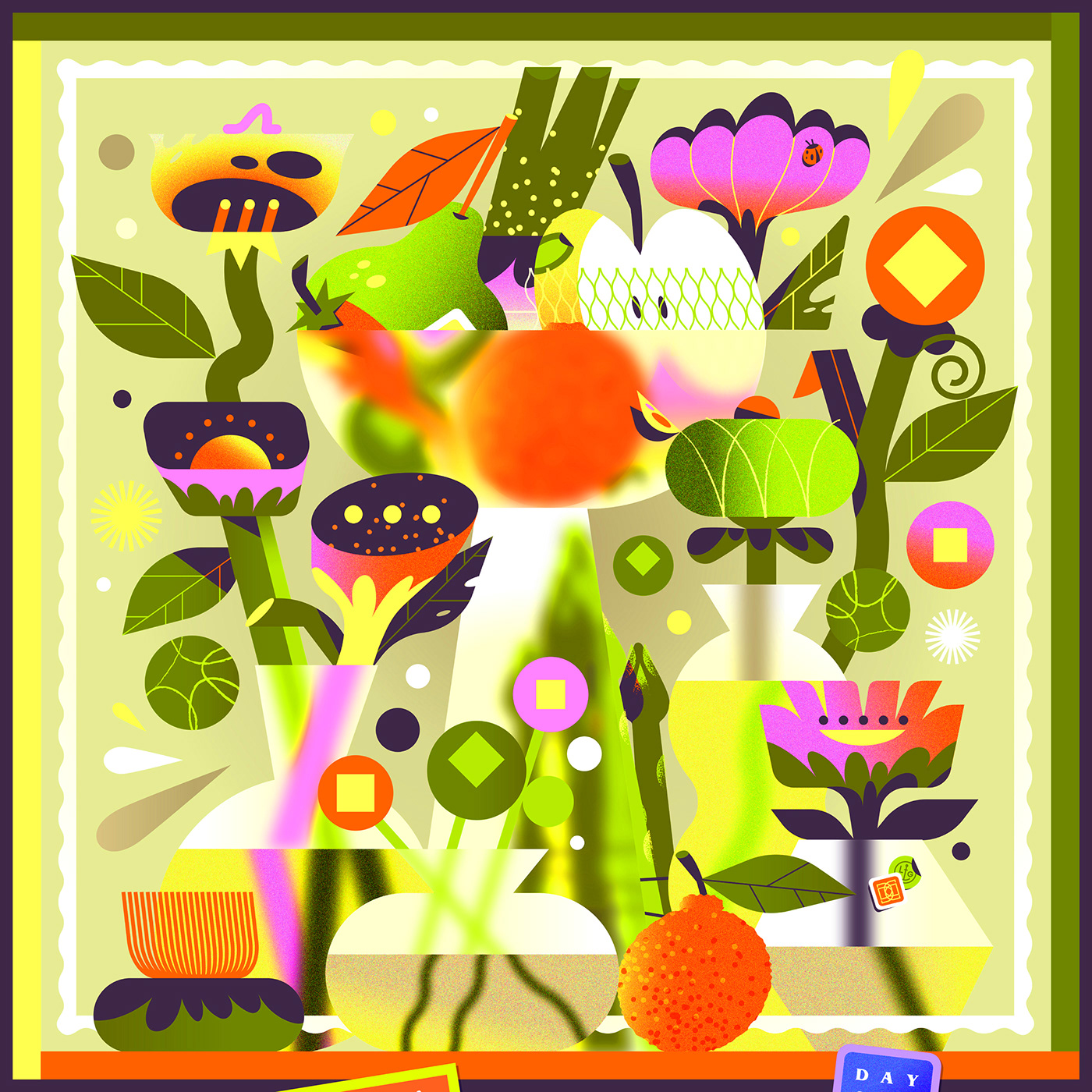 silk scarf colorful geometric print floral fruits pattern textile fashion illustration