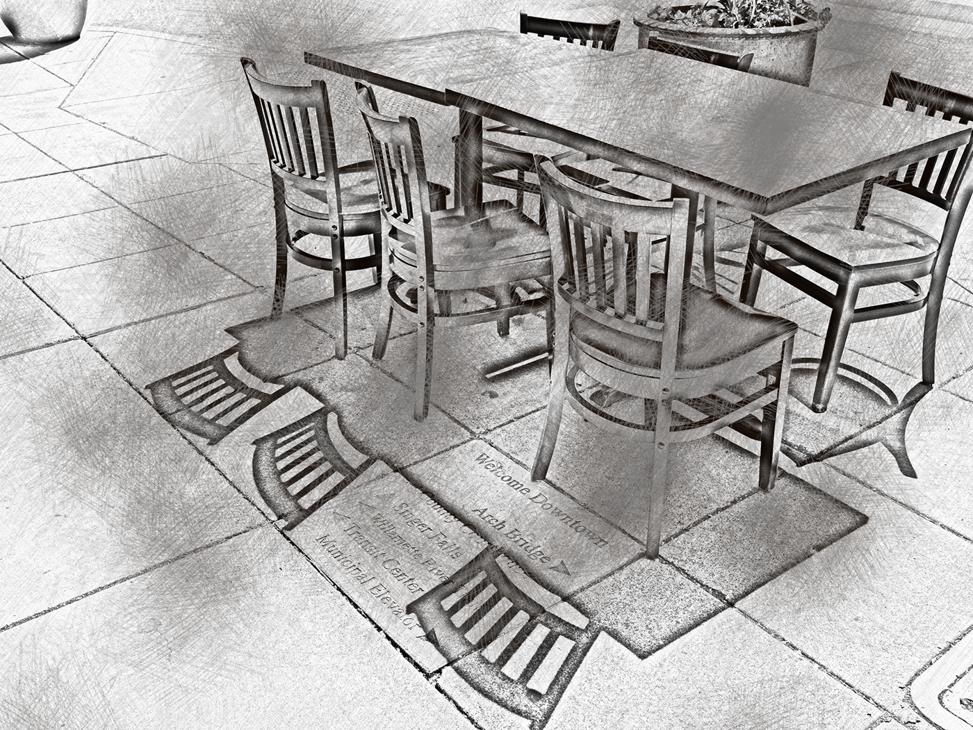 table chairs Street empty people