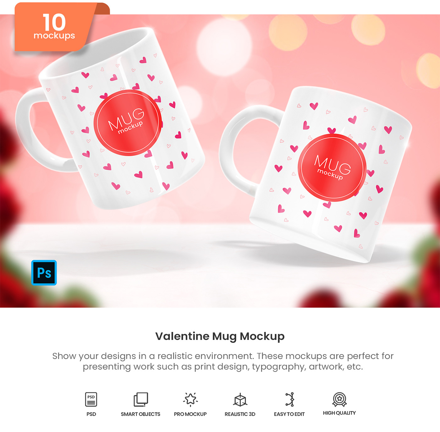 Valentine Coffee Mug mockup of a stack of five cup mockups wooden table