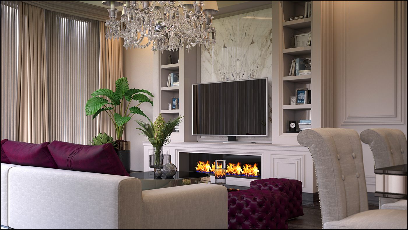 Interior modern art deco neoclassic art violet gray bedroom livingroom bath