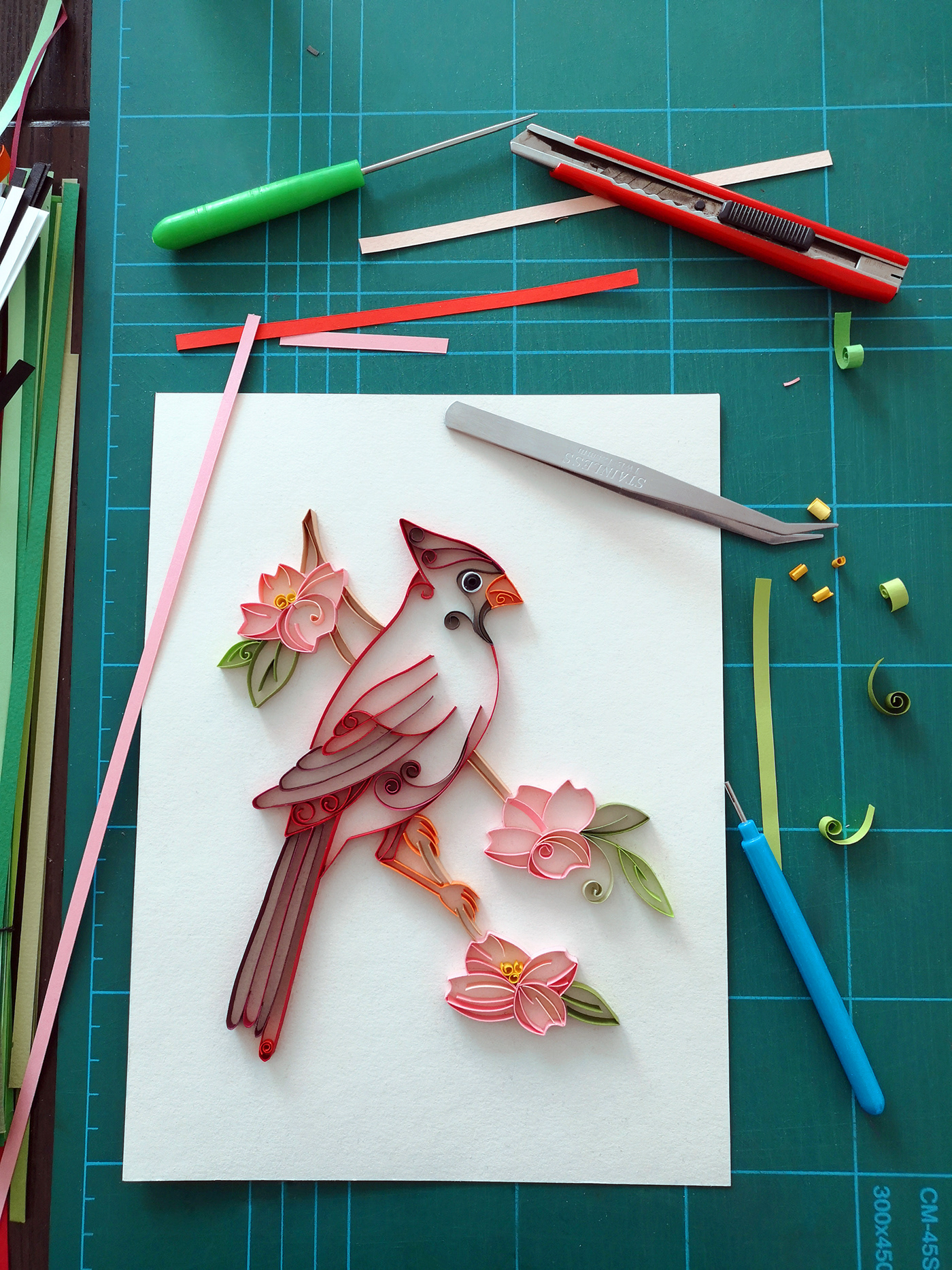 bird craft paper paper art precision quilled art quilling red cardinal Northern Cardinal