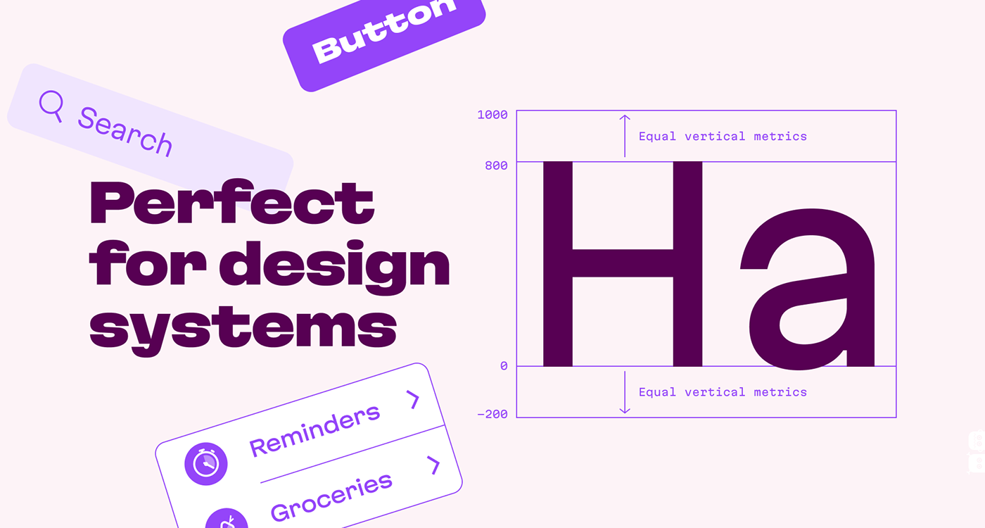 Text “Perfect for design systems” in the left, image with font metrics in the right