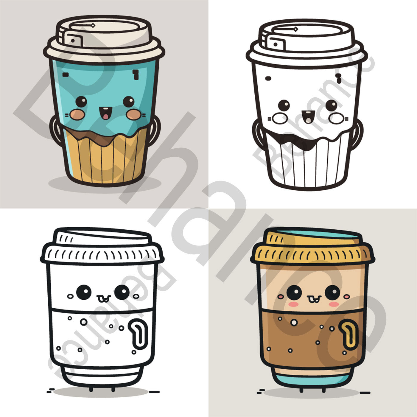 Coffee Cup Logo, Cute Coffee Cup Cartoon line art colorful Vector Illustration, Coffee cup icon desi