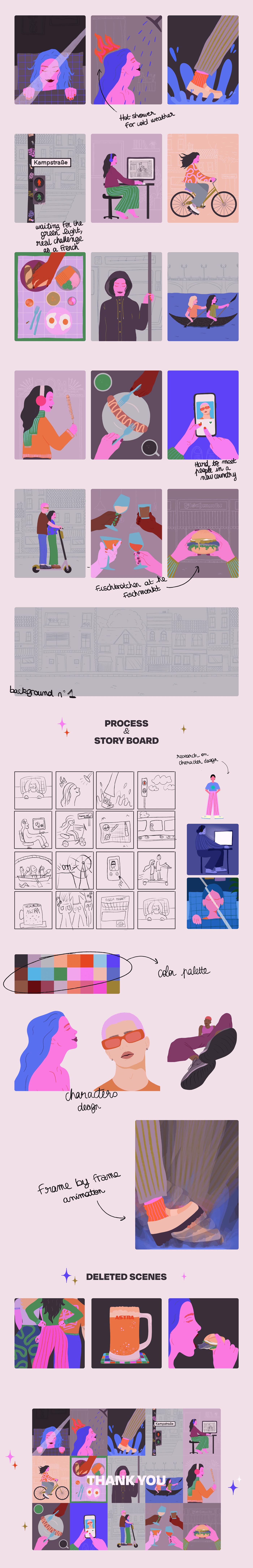 Process of creation, story board, motion design, color palette, caracter design and deleted scenes.
