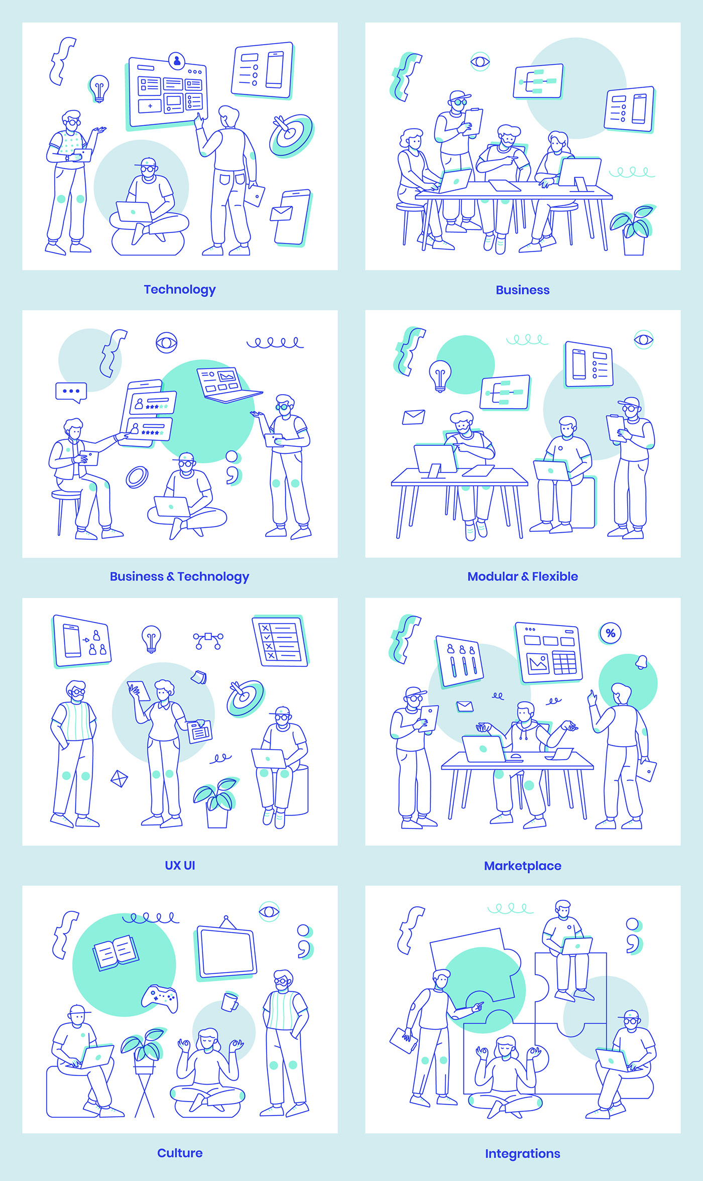 Character design  Digital Art  doodle icons set illustrations key visual software development software house Startup Technology